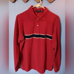 Nautica 100% Cotton Men's Long Sleeve Polo Shirt - Red/Blue - Size Small